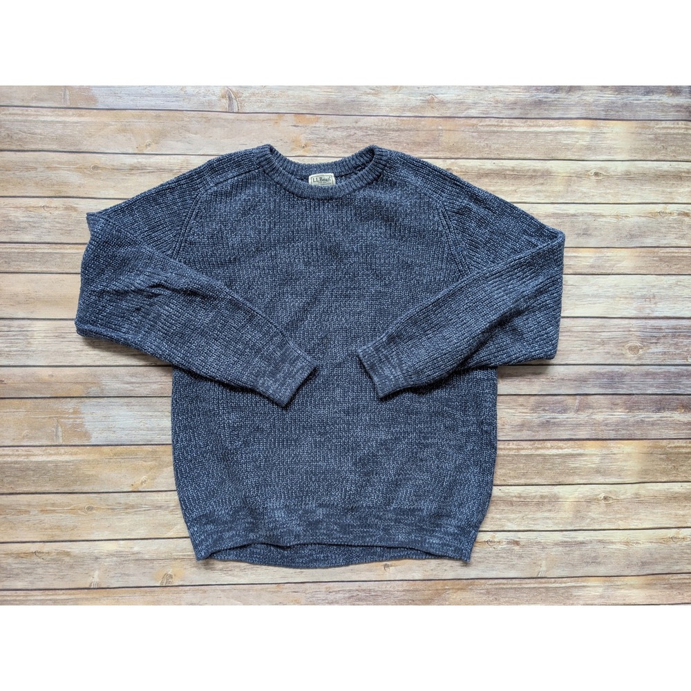 L.L. Bean 294148 Shaker Stitch Sweater Mens L Cotton Blue Marl Crewneck Raglan